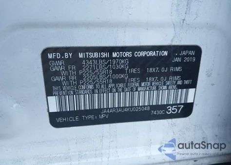 2019 Mitsubishi Outlander Sport 2.0 Se z USA, uszkodzony, nr VIN JA4AR3AU4KU025048
